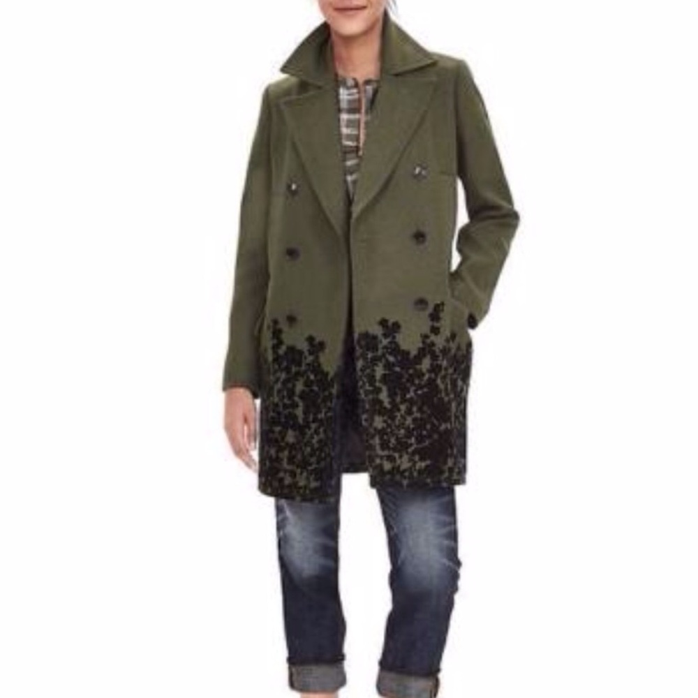 BR Flocked-Hem Long Peacoat Jacket,Mistletoe